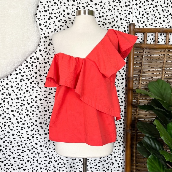 Cuyana Tops - Cuyana | Ruffle Seersucker One Shoulder Coral Blouse Designer Top M